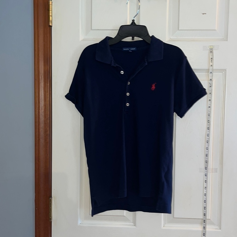 Ralph Lauren-large-navy blue, short sleeve polo. Embroidered red detail.
